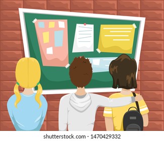 Students Stand In Front Of The Bulletin Board At School. Flat Vector Illustration