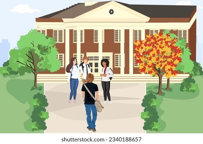 Students stand near High School building front view with green lawn. Back to school.