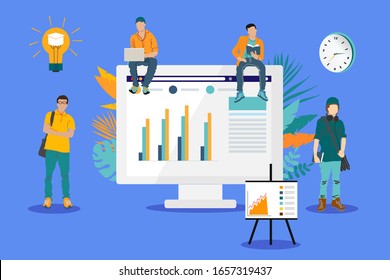 Students stand and sit near a huge monitor. Education, online training courses, distance education flat vector illustration. Online training, online books, study guides