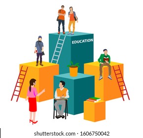 Students stand and sit on volumetric cubes. Education, online training courses, distance education flat vector illustration. Online learning, online books, study guides