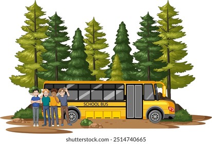 Students standing by a school bus in the forest