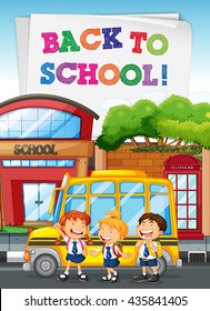 Students standing by the school bus illustration