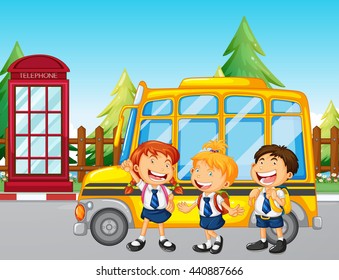 Students standing by the school bus illustration