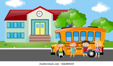 Students standing by school bus illustration