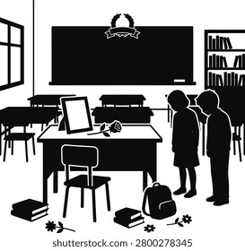 Students standing in classroom in front of black board with books and rose still life students classroom education