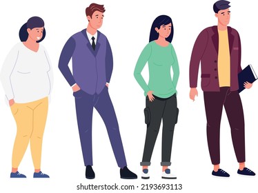Students standing. Different young people. Business team isolated on white background