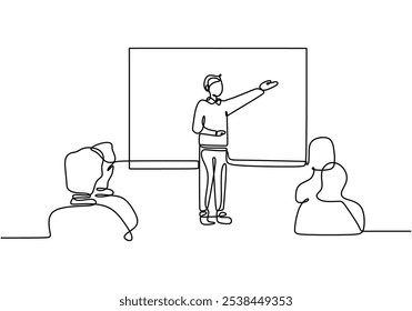 Students standing in front for a presentation depicted in continuous one line drawing. Education concept highlighting public speaking and teaching moments.