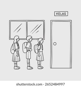 Estudantes na fila em frente à porta da sala de aula. Ilustração em linha fina.