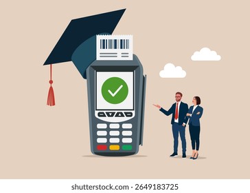 Students standing with mortar board hat dataphone. Student loan calculation, education budget allocation, university expense and debt pay off or scholarship payment. Dataphone electronic payment. 