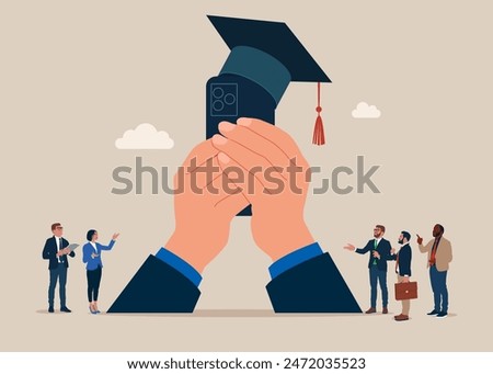 Students standing with mortar board hat calculator or phone. Student loan calculation, education budget allocation, university expense and debt pay off or scholarship payment.