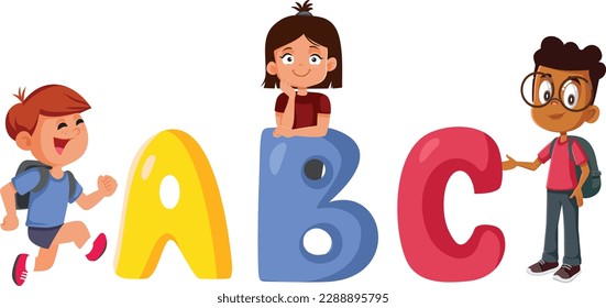 
Students Standing Next to Big Letters Vector Concept Illustration. Children going back to school learning to write and read
