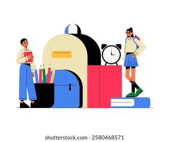 Students Standing Next To Large Backpack With School Books And Stationery In Flat Vector Illustration Symbolizing Education, Learning, And Academic Life, Isolated On White Background