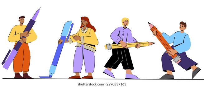 Students standing pencil in their hands. vector flat cartoon characters isolated on  white