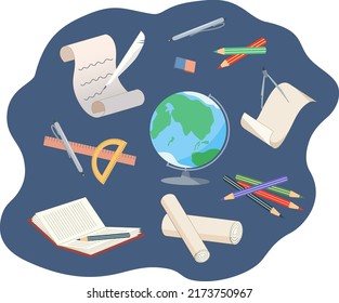 Student's stationery for interesting learning. Globe, book, paper, rulers, pencils, pens, compasses, eraser on a blue background.