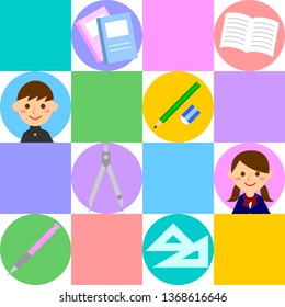 Students and stationerys. Male and female students in uniforms. Vector illustration.
