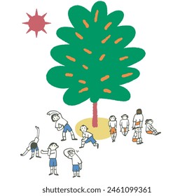 Students stretching and resting in the shade of a tree in strong sunlight Illustration
