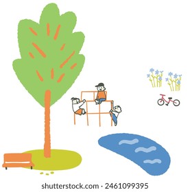 Students stretching and resting in the shade of a tree in strong sunlight Illustration
