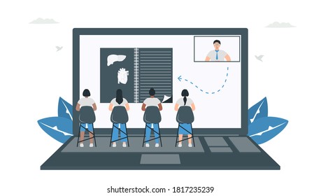 Students studies everything at home. Online learning in occuring period of new coronavirus 2019. Isolated vector is in flat style. Minimal design is in blue monochromatic color.