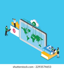 Students study abroad aplication 3d isometric vector illustration concept for banner, website, landing page, ads, flyer template