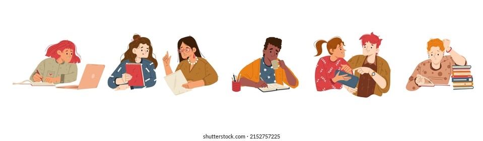 Students study with books and laptop, read and write together. Vector flat illustration of young people learning in education class, university or college library