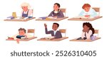 Students study at desks set. Boys and girls sit at tables with books and school supplies, tired bored kids and sleepy pupils study hard, active children answer lesson cartoon vector illustration