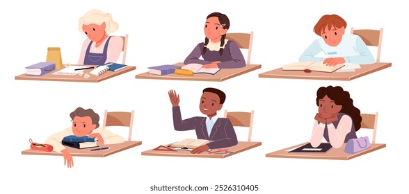 Students study at desks set. Boys and girls sit at tables with books and school supplies, tired bored kids and sleepy pupils study hard, active children answer lesson cartoon vector illustration