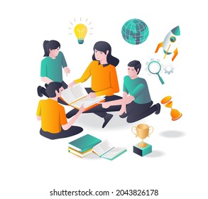 Students study with female teacher in isometric illustration