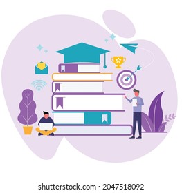 Students study with laptops and the teacher explains the material. The concept of online teaching, by learning to use elearning. Isolated vector illustration of purple. 