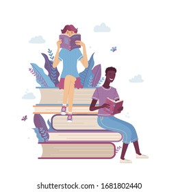 Los estudiantes estudian en biblioteconomía, librería literaria o concepto de festival de libros. Joven leyendo libros mientras se sientan en un montón de libros. Gente feliz relajándose con ilustración vectorial de caricaturas.