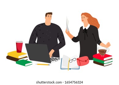 Students study. Man woman learning with laptop and books. Modern online education, university or college. Graduation exam preparing vector concept