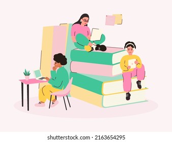 Students study online. Characters learn remotely and sit at the desk and stack of books with tablets and laptop. Online education concept.