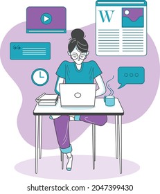 Students Study Online at Home. Character Sitting at Desk, Looking at Laptop and opening documents, videos and typing text. Online Education Concept.