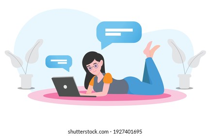 Students Study Online at Home. The characters lie on the mat, look at the laptop and study on the laptop. Online Education Concept. Vector Illustration.