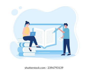 students study online lessons via laptop trending concept flat illustration