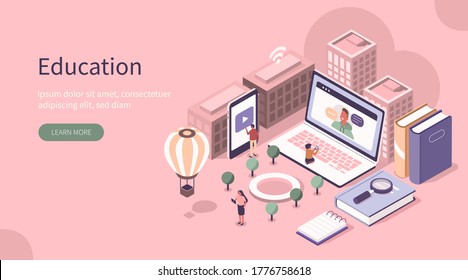 Students Study Online in University or College Campus. Girls and Boys Learning Together with Smartphone, Laptop, Books. Distance  Education Technology Concept. Flat Isometric Vector Illustration.