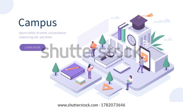 Students Study Online in University or
College Campus. Girls and Boys Learning Together with Smartphone
and Books. Distance  Education Technology Concept. Flat Isometric
Vector Illustration.