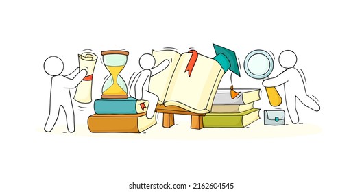 Students Study Together, Read Book, Take Exam. Vector Hand Drawn Illustration Of Education In University Or College Concept With Doodle People With Books, Graduation Cap, Hourglass And Diploma