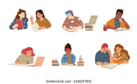 Students study together, read books, use laptop and write. Vector flat illustration of diverse young people do homework, prepare for exam, learning in college or university class