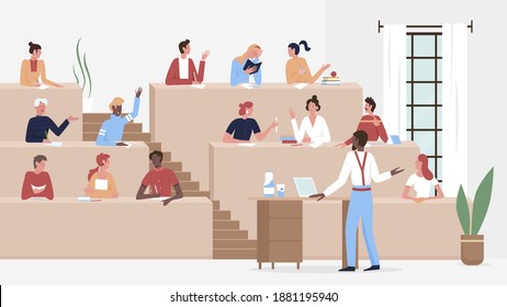 Students study in university or college lecture hall vector illustration. Cartoon lecturer teacher or professor teaching young characters, sitting in classroom, education training seminar background