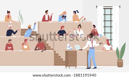 Students study in university or college lecture hall vector illustration. Cartoon lecturer teacher or professor teaching young characters, sitting in classroom, education training seminar background