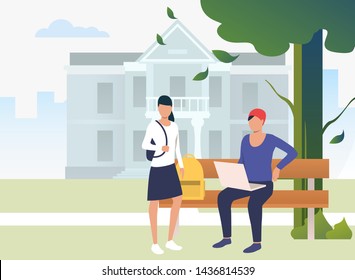 Students studying and chatting in campus park. Information, university, nature concept. Vector illustration can be used for topics like knowledge, relaxation, education