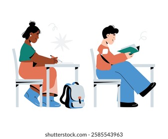 Students Studying In Classroom, Male And Female Characters Learning, Flat Vector Illustration Symbolizing Education, Knowledge, And Academic Life, Isolated On White Background