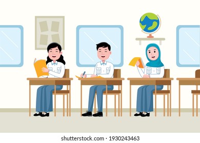 Students Studying in Classroom with Vector Illustration. Flat design style.