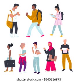 Students studying in college or university, isolated male and female character with books and papers. Pupils preparing for classes or exams. Multi racial people walking and reading, vector in flat