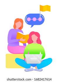 Students studying courses and preparing for exams reading books and passing online tests. Business development and skills increasing of workers. People improving knowledge, vector illustration