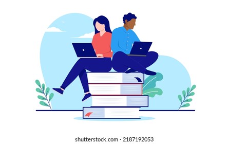 Students studying - Diverse woman and man sitting on books with laptops learning and taking online education. School concept. Flat design vector illustration with white background