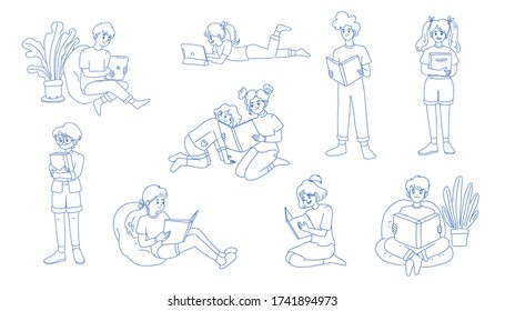 Los estudiantes están estudiando desde el diseño del concepto del hogar del vector. Juego de caracteres para niños. Estilo de ilustración de Doodle.