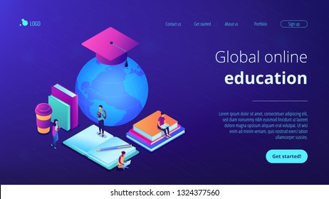 Students studying online among books and globe in graduation cap. Global online education, e-learning tools, internet training webinar concept. Isometric 3D website app landing web page template