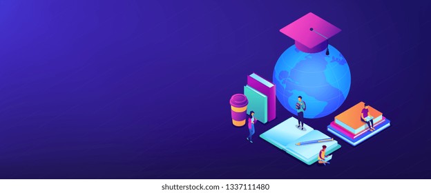 Students studying online among books and globe in graduation cap. Global online education, e-learning tools, internet training webinar concept. Isometric 3D banner header template copy space.