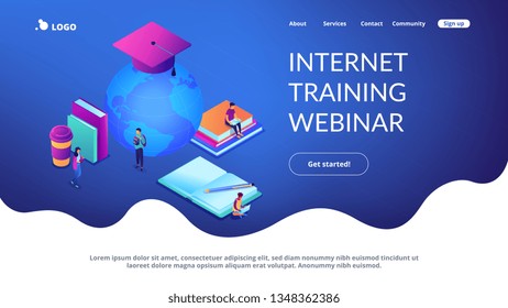 Students studying online among books and globe in graduation cap. Global online education, e-learning tools, internet training webinar concept. Isometric 3D website app landing web page template